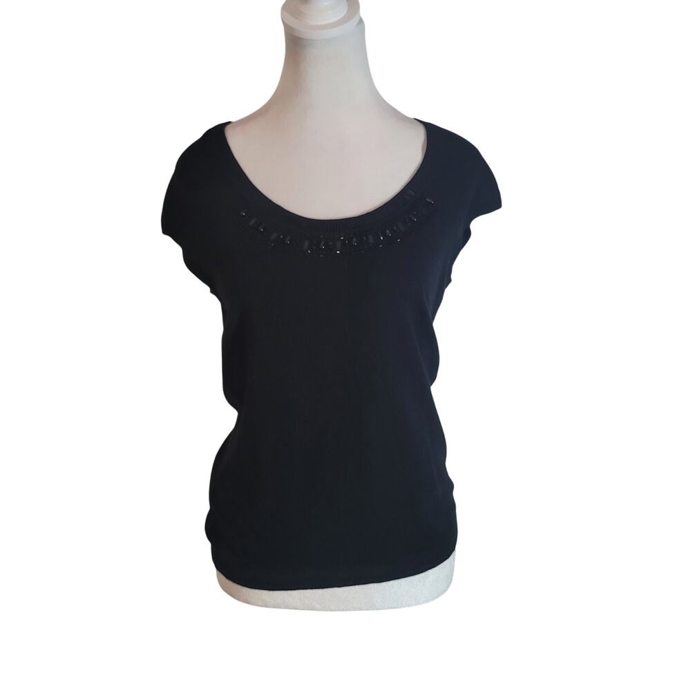 Chico's Size 0 US S Beaded Short Sleeve Black Shirt‎ Minimalist Classic Casual